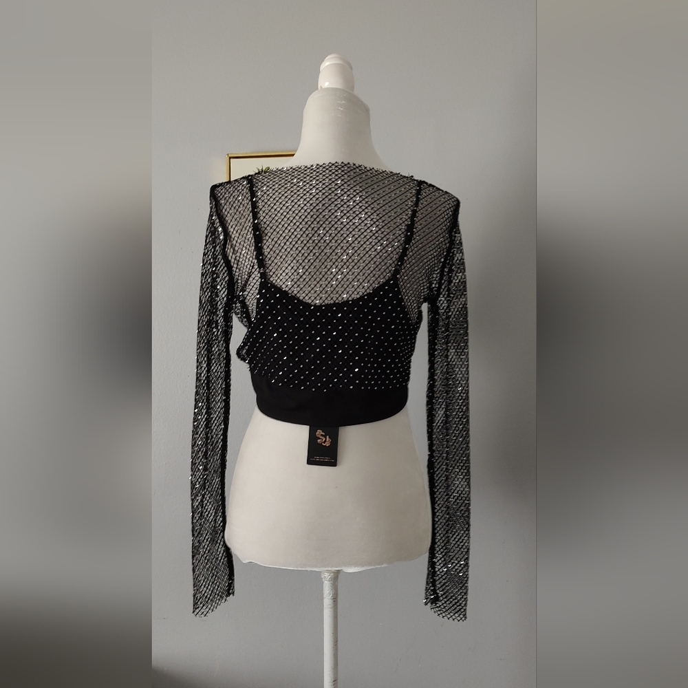 Sincerely Jules Crop top Mesh  Black Shiny Style Sexy  2 Piece New    Medium - Picture 5 of 10